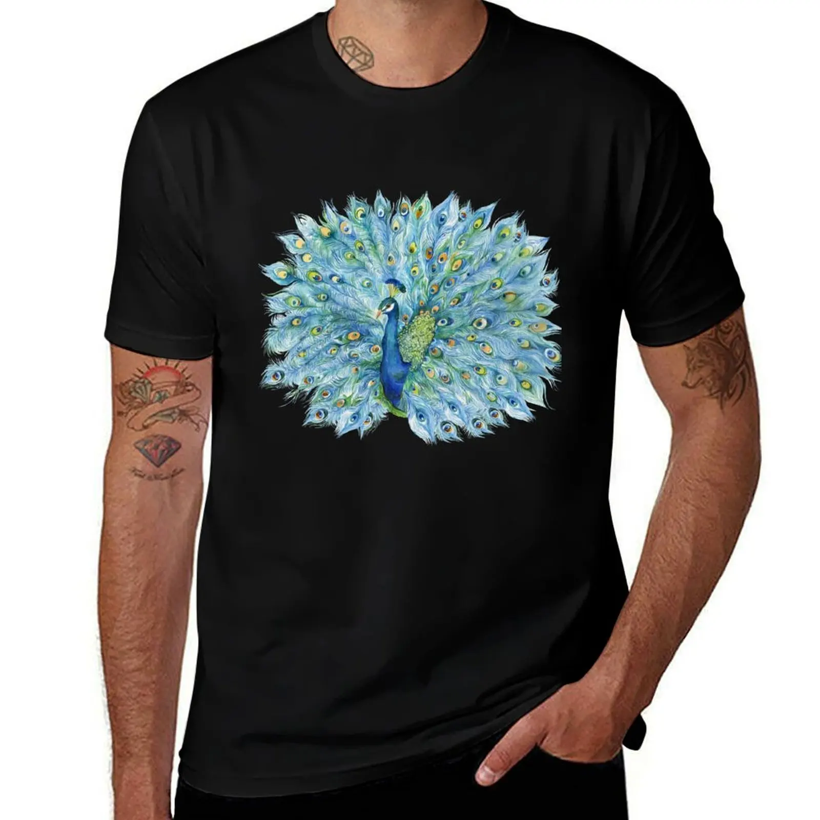 

Peacock with open tail Watercolor T-Shirt man clothes graphics valentines boutique clothes custom shirt plain black t shirts men