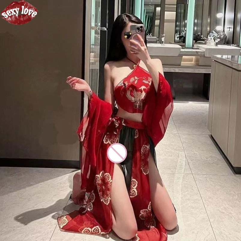 

Sexy Love New Women's Sexy Underwear Ancient Palace Style Pure Desire Hanfu Belly Bag Set Sexy Classical Embroidery Flying Skirt