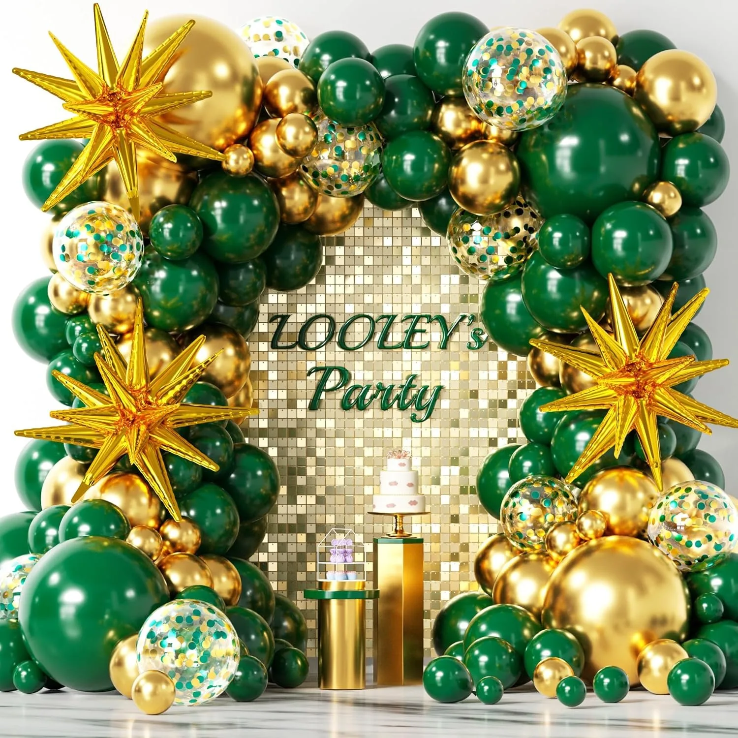 137Pcs Green and Gold with Confetti Latex Balloons Garland Arch Kit for Birthday Baby Shower Emerald Green Jungle Party Decora