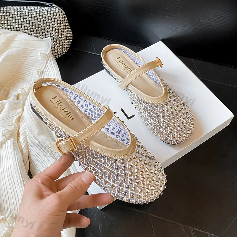

Women's Shoes 2025 Summer Size 43 Rhinestone Sandals Comfortable Buckle Strap Flats Lightweight Hollow Breathable Slippers