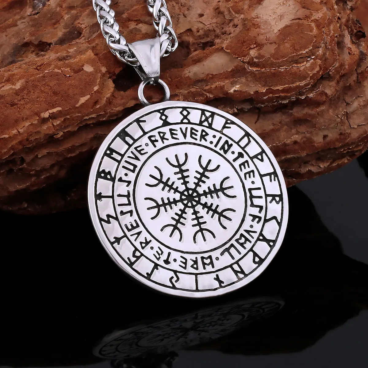 Vikings Stainless Steel Twin Wolves Mixed Gold Color Pendant Nordic Helmet of Awe Rune Amulet Necklace Gift for Boyfriend