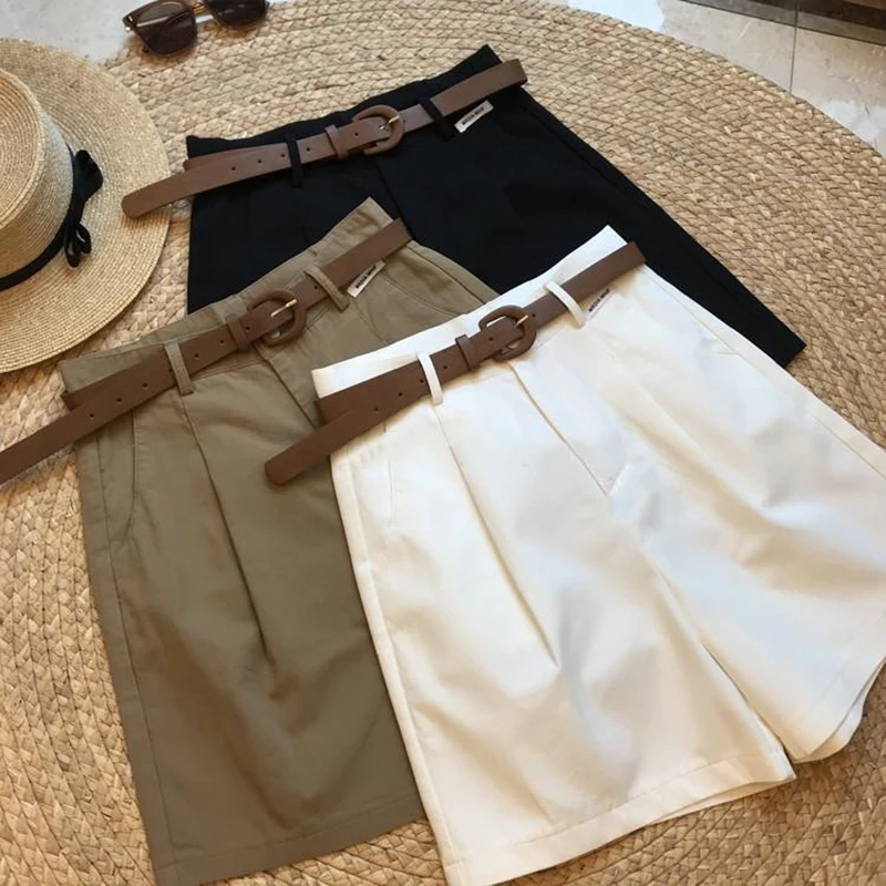 

Casual Cargo Shorts Women Summer Loose Casual Vintage Belt Elegant Wide Leg Shorts High Waist Simple Office Lady Solid Shorts
