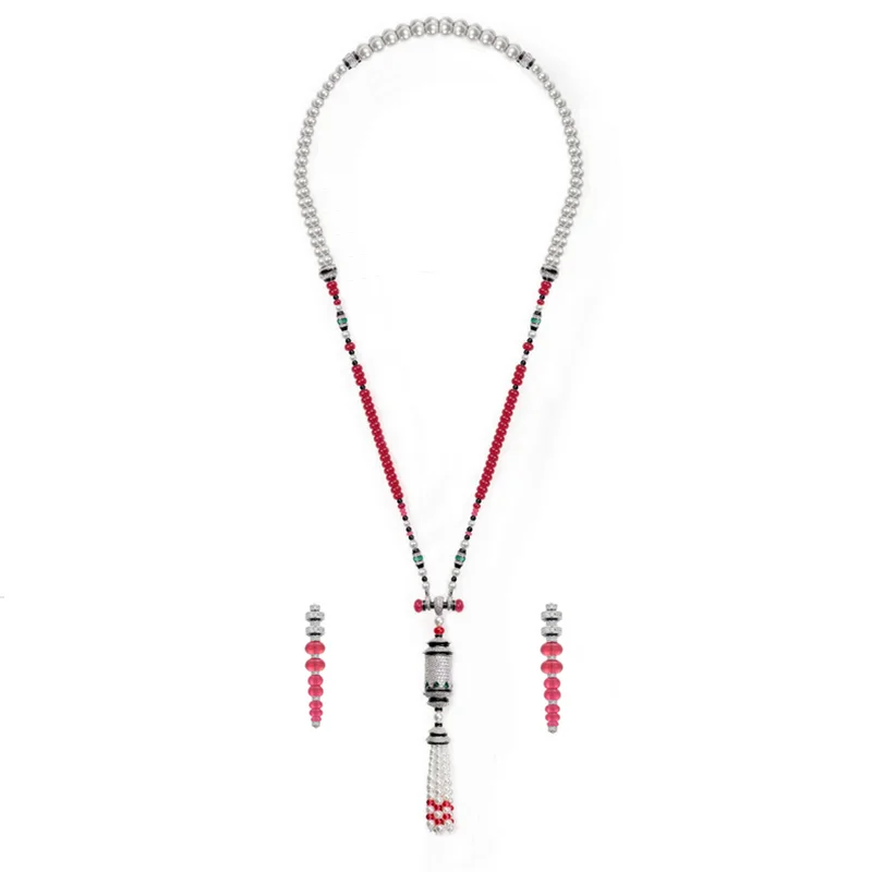 Designer Vintage Style Long Necklace Earrings Inlay Cubic Zircon Tassels Lantern Pendant Red Beads Pearl Chain Jewelry Sets