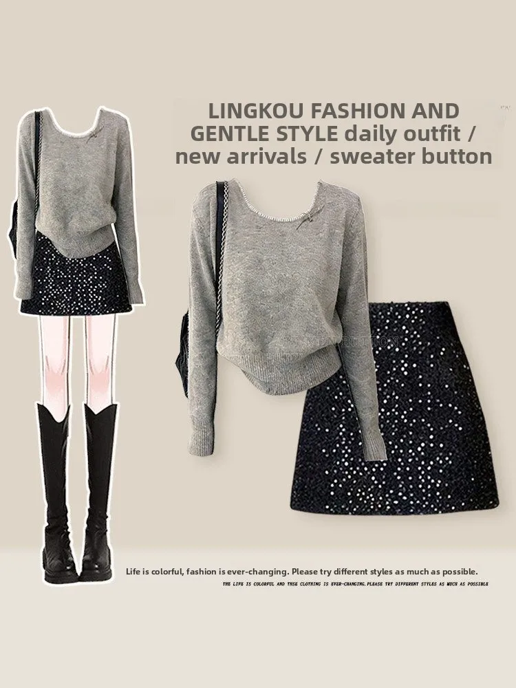 

Женский вязаный комплект больших размеров Ele Plus Size: корейский стиль, пайетки, короткая юбка, облегающий костюм-двойка, повседневный модный образ