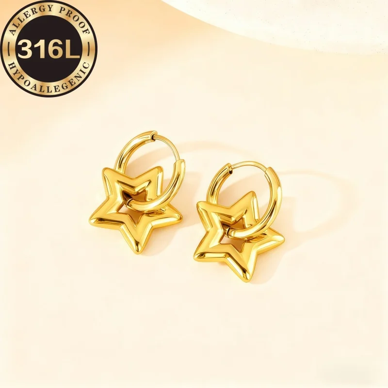 High quality stainless steel hypoallergenic Golden earrings, hollow pentagram shape, anti-fading, suitable for skin-friendly