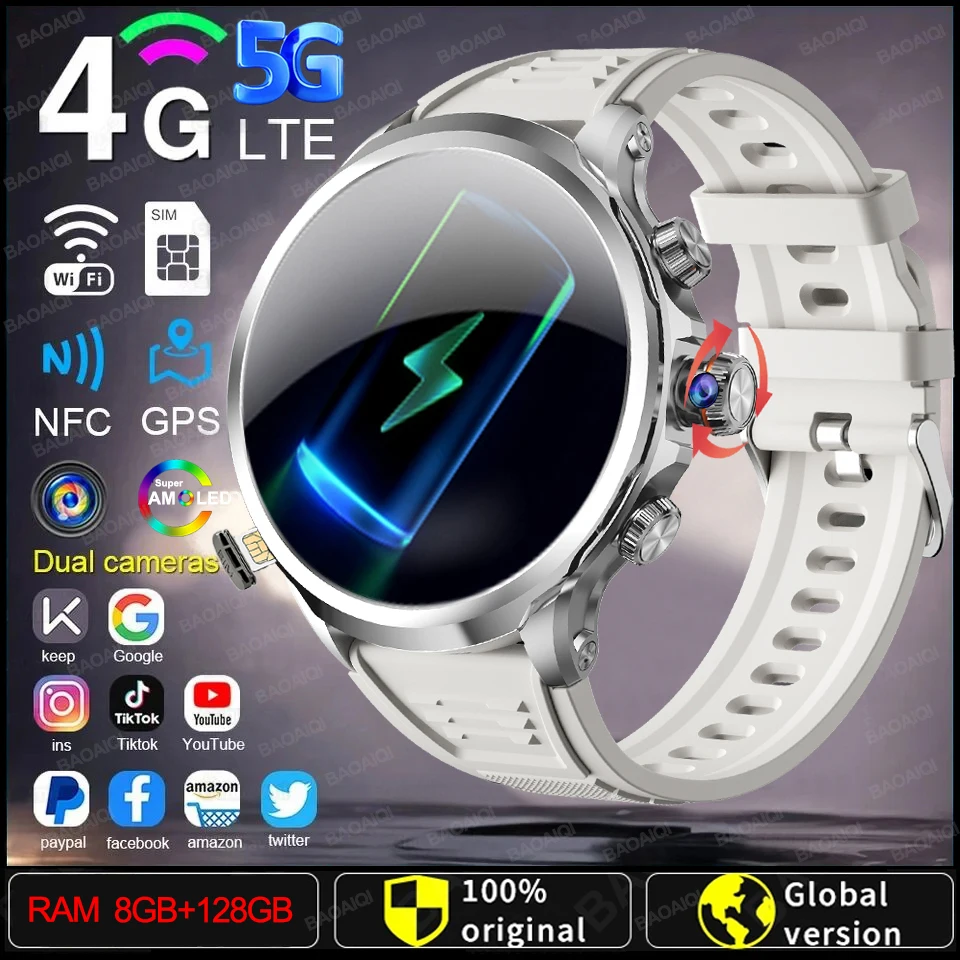 5G/4G Smart Watch 1.95 inch 680*680 AMOLED Screen 8GB+128GB RAM 900W Camera GPS WIFI Google APPS Download Android 9.0 Smartwatch