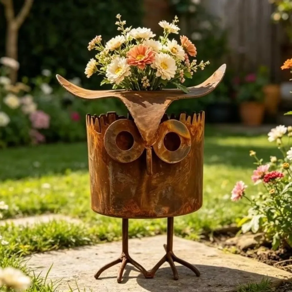 Plant Pot Metal Owl Flower Pot Retro with Legs Owl Ornament Weathered Finish Drainage Hole Plant
