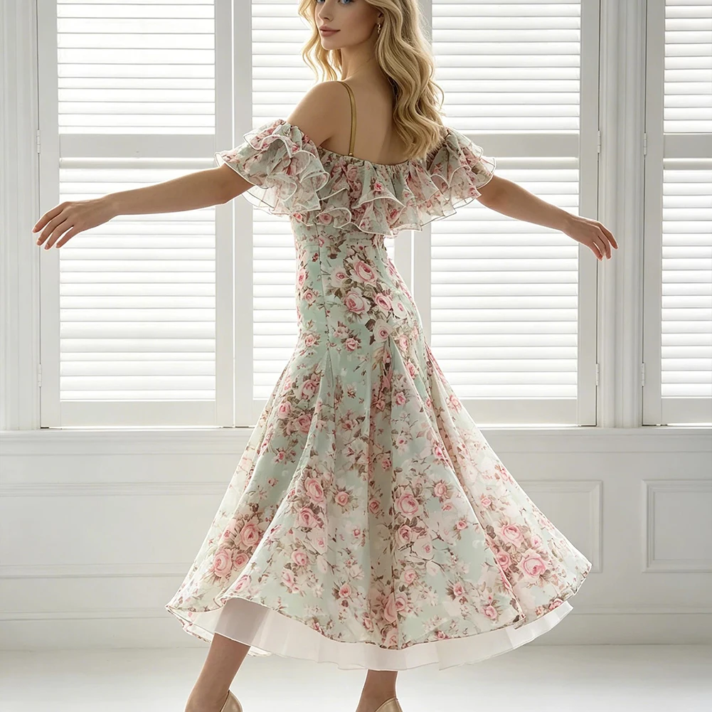 Ballroom Dance Dress Competition Backless Suspenders Short-sleeved Printing Ballroom Dancing Dresses Waltz Foxtrot Casual Skirt