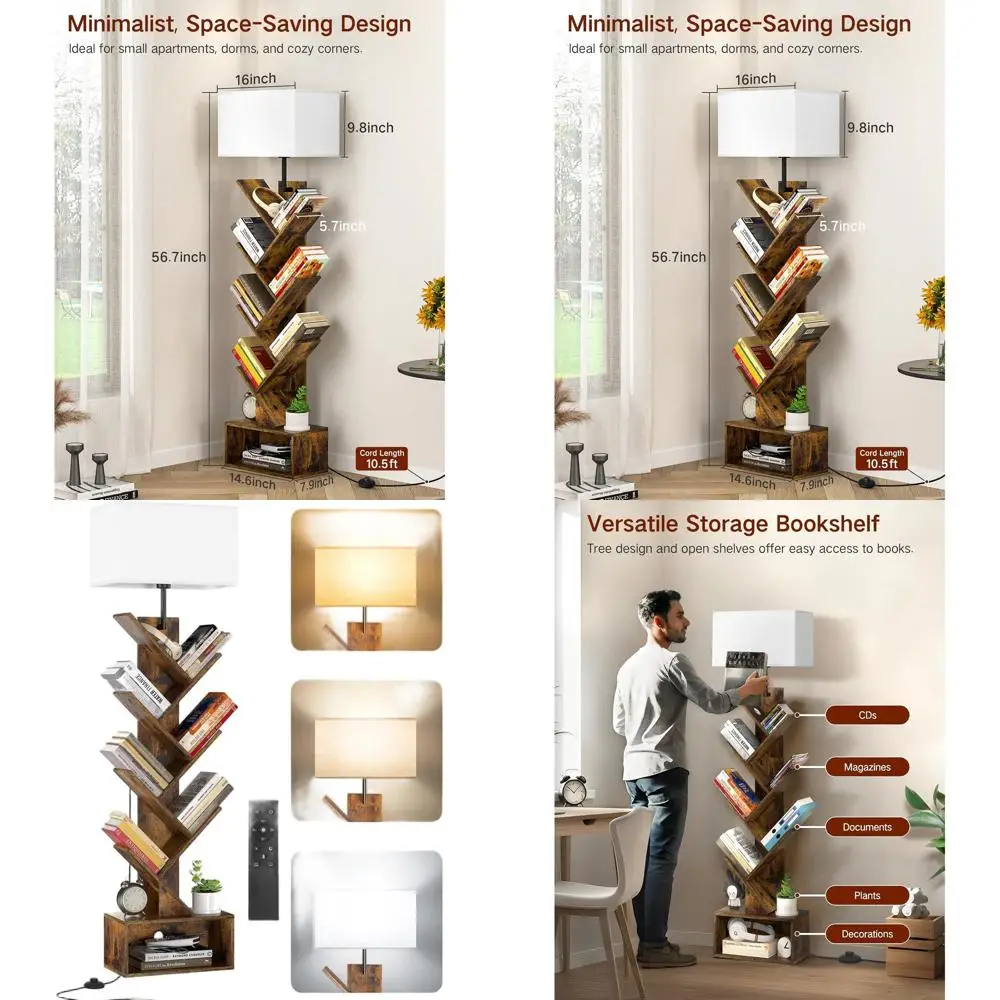 

Modern 6-Tier Floor Bookshelf with Light, Remote & Timer, Rustic Brown Wood Bookcase for Living Room, Bedroom, Office