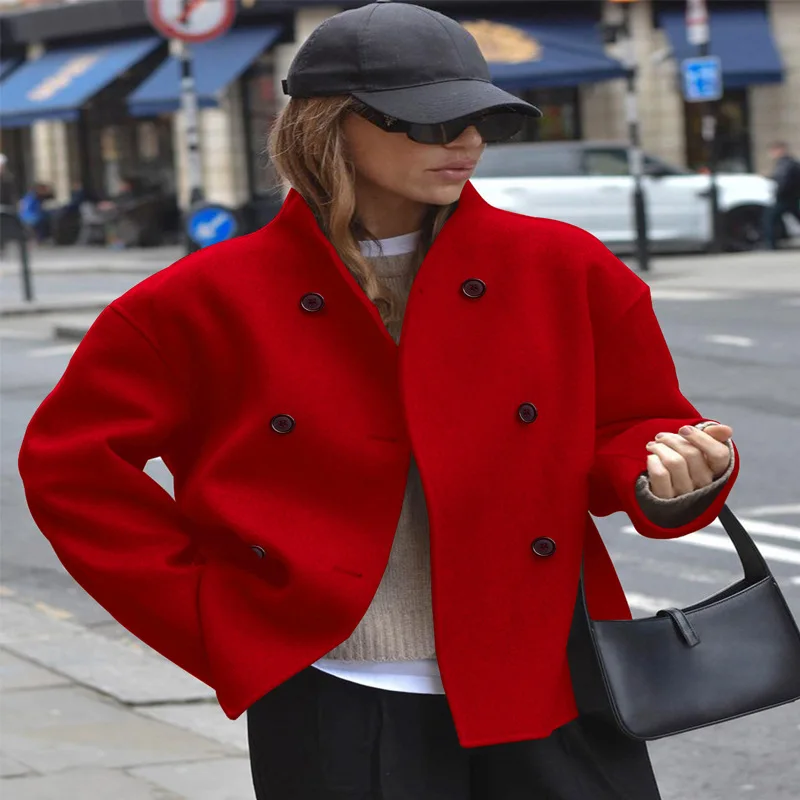 Top women's double breasted solid color woolen coat casual temperament British style versatile coat