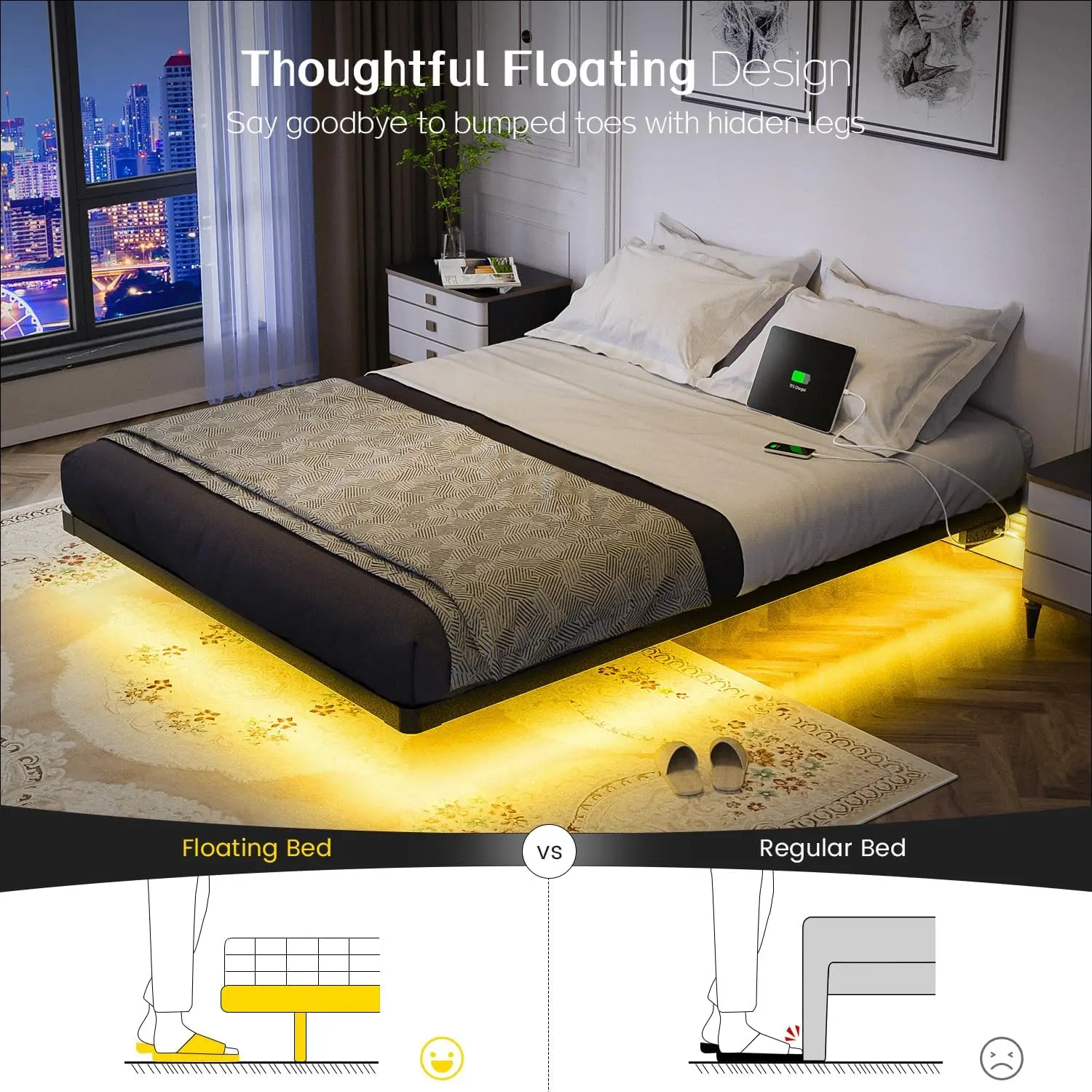Sd531eef1e5a34c4fb713ae03fa48dcc7J Queen Size Floating Bed Frame with LED Lights and Charging Station