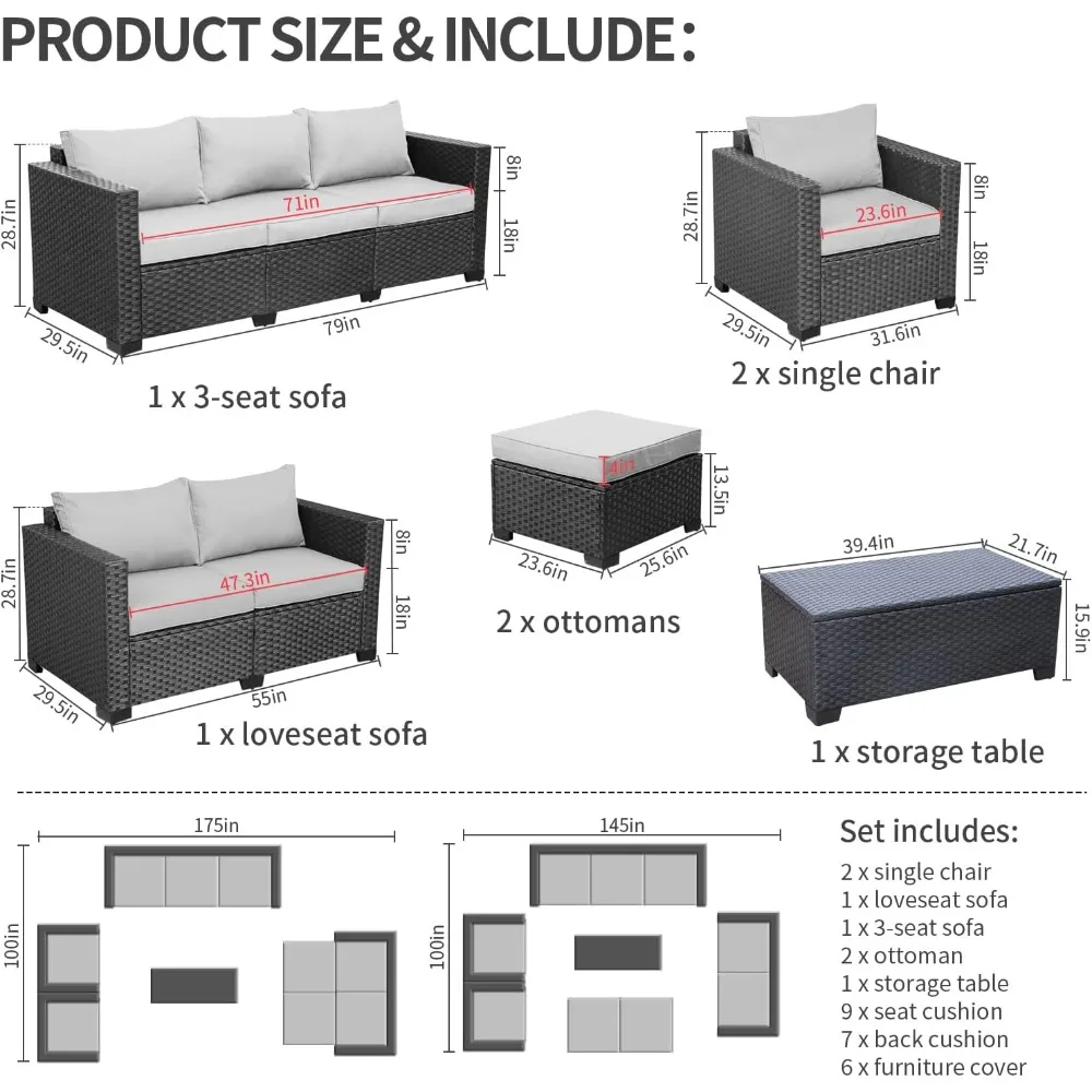 7-Piece Outdoor Sectional Patio Sofa Set with Storage Table Light & Cushions for Backyard Garden Deck Balcony Use