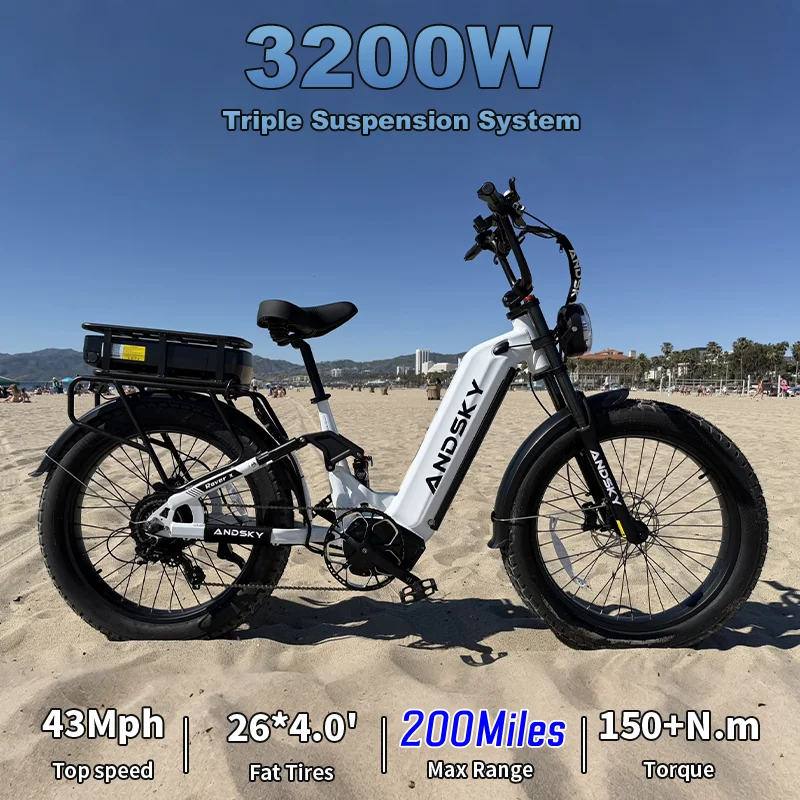 ANDSKY Rover X Electric Bike 200Miles Extremely Long Range 43MPH 60V 25Ah+25Ah Dual Battery 3200W Motor Power 150+Nm Torque Electric Bicycle with 7-Speed Derailleur Gears Triple Shock Suspension E-bike and 16-Piece Kit
