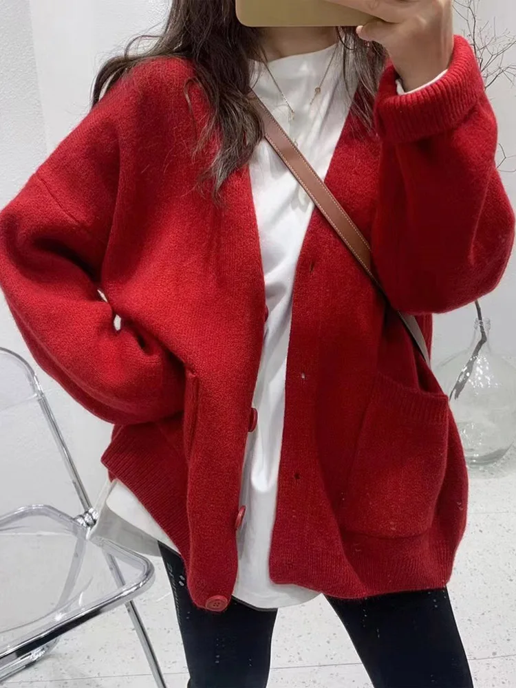 OHRYIYIE 2023 Autumn Winter New Knit Female Oversize Cardigan Women Loose Casual V Neck Knitted Sweater Coat Lady Solid Cardigan