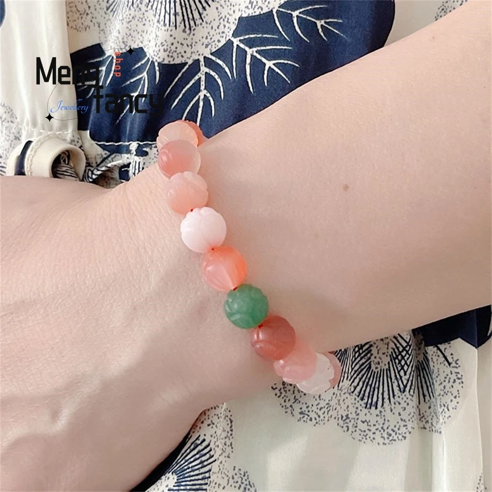 Pulsera de ágata de fuente de sal Natural, pulsera con cuentas de hierba de la suerte, calabaza, loto, estilo Retro, joyería de moda de lujo para pareja exquisita