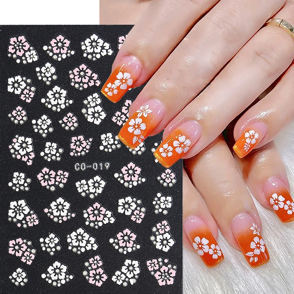 White Flowers Nail Art Stickers Pink Petal Stars Heart Bowknot Nail Sliders French Y2K Design 3D Manicure Decorations GLCO-019