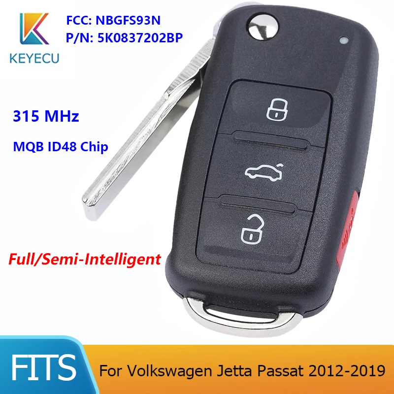 

KEYECU for VW Jetta Passat 2012-2019 PN:5K0837202BP FCC: NBGFS93N 4 Buttons 315Mhz ID48 Chip Keyless-go Smart Remote Car Key Fob