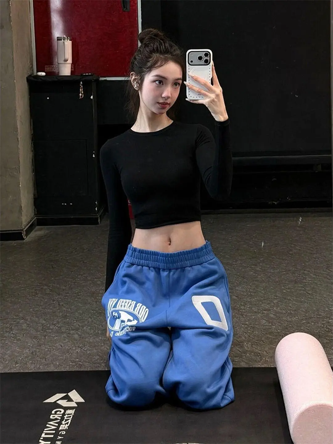 

American Style Embroidered Fleece Wide Leg Pants Women's Casual Loose Fit Autumn Winter Warm Sweatpants Natural Waist