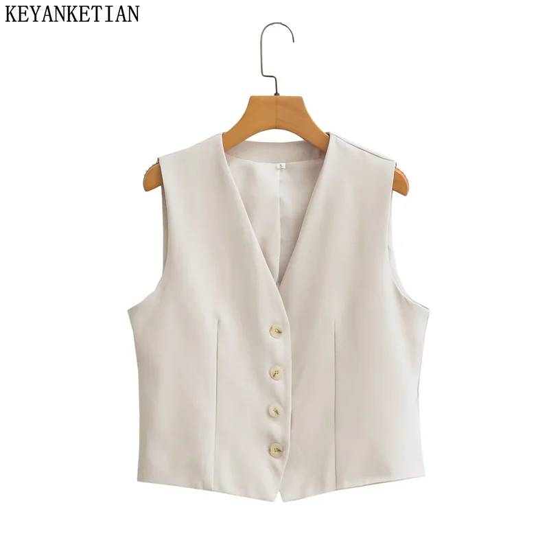 KEYANKETIAN New Women's V-Neck Slim Vest Crop Top Office Lady Single Breasted Apricot Sleeveless Waistcoat Suit Coat Vest