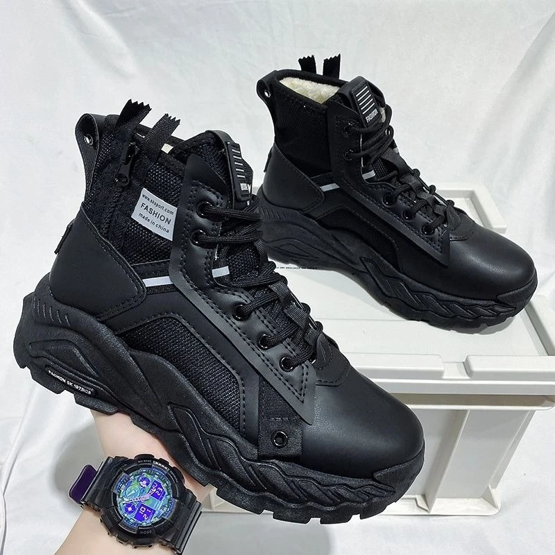 Men's Teens Warm Sports Shoes High Top Cotton Padded Fleece Lined Thickened Wear Resistant Winter for Northeast Cold Protection
