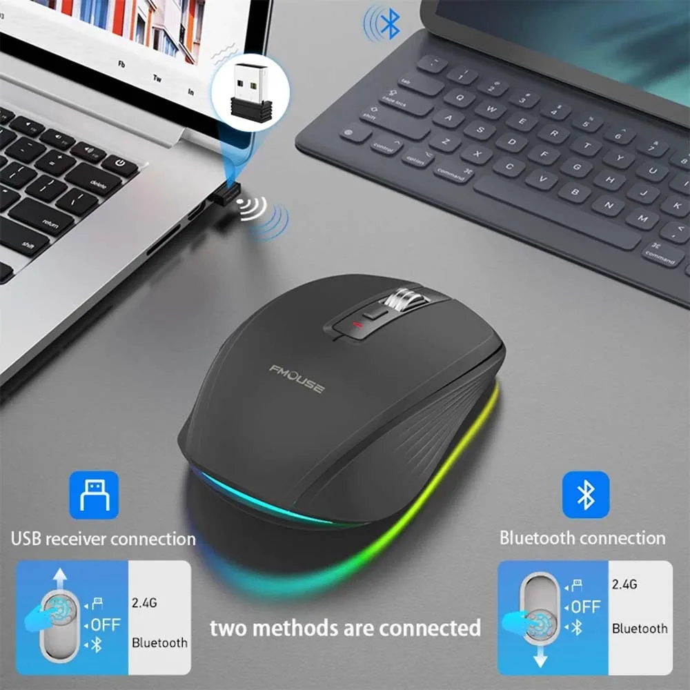 with Bluetooth BT 5.1 + 2.4G Wireless Dual Mode Mouse Rechargeable PC Gaming Mouse 2400DPI Adjustable Noiceless Gamer Mouse