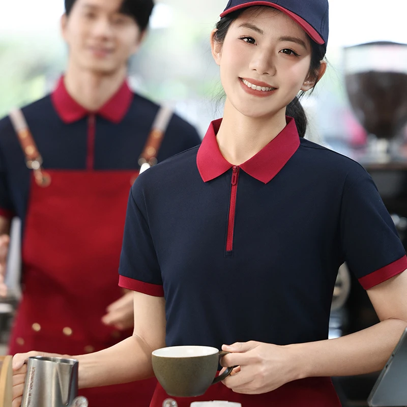 Summer Short Sleeve Work Uniform Youth Style Women Men Stand Collar Polo Shirt Restaurant Coffee Shop Waiter Workwear T-Shirt