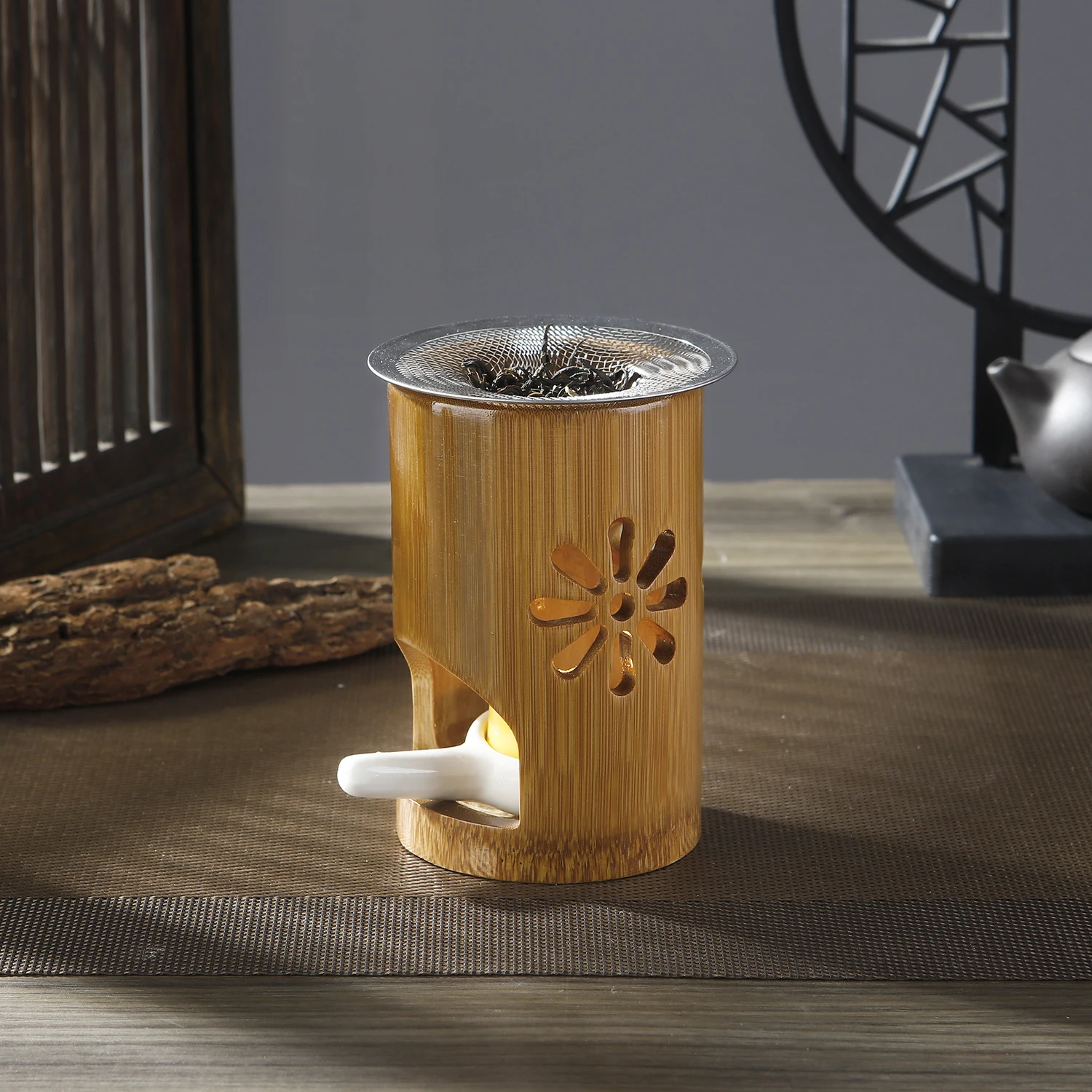 Bambus-Kerzenhalter Metall-Aromatherapie-Heizhalter für Kräuter Aromatherapie-Räuchergefäß für Yoga SPA Aromatherapie – Detail 2