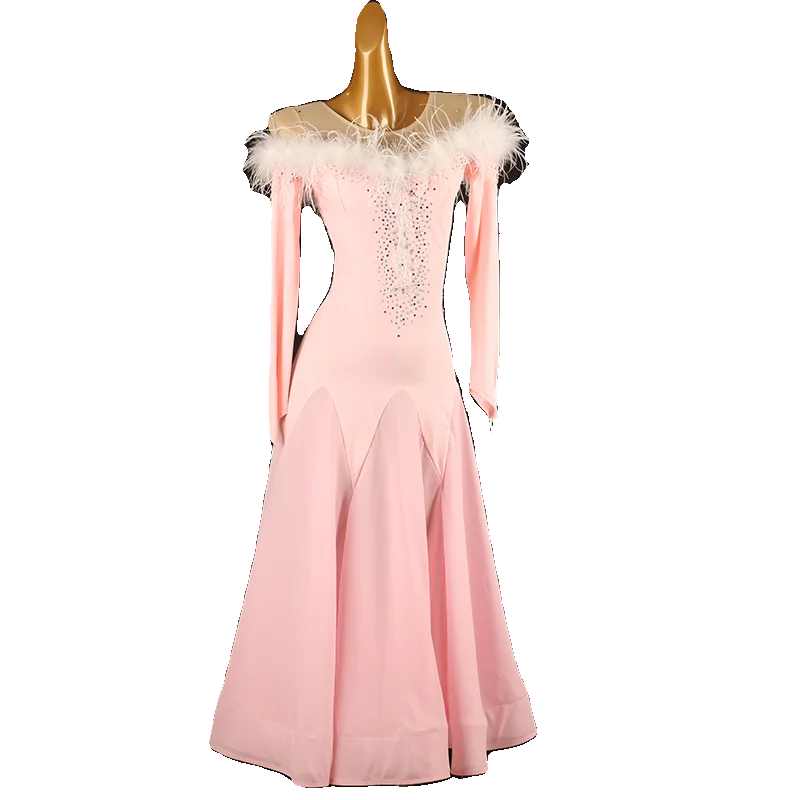 Frauen Nationalen Standard Tanz Feder Ärmel Strass Moderne Kleidung Ballroom Dance Wettbewerb Kleid