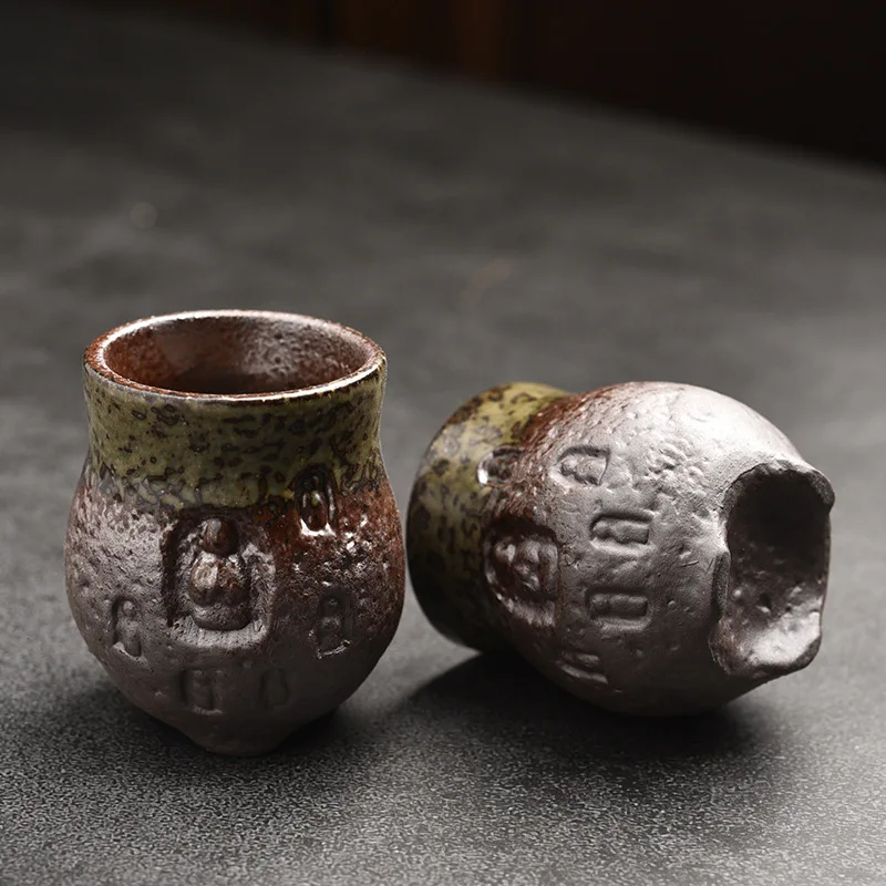 Taza maestra de cerámica rugosa, taza de té Dunhuang hecha a mano vintage, taza de degustación de té, taza de pétalos, taza de juego de té de kung fu de barro de roca antigua