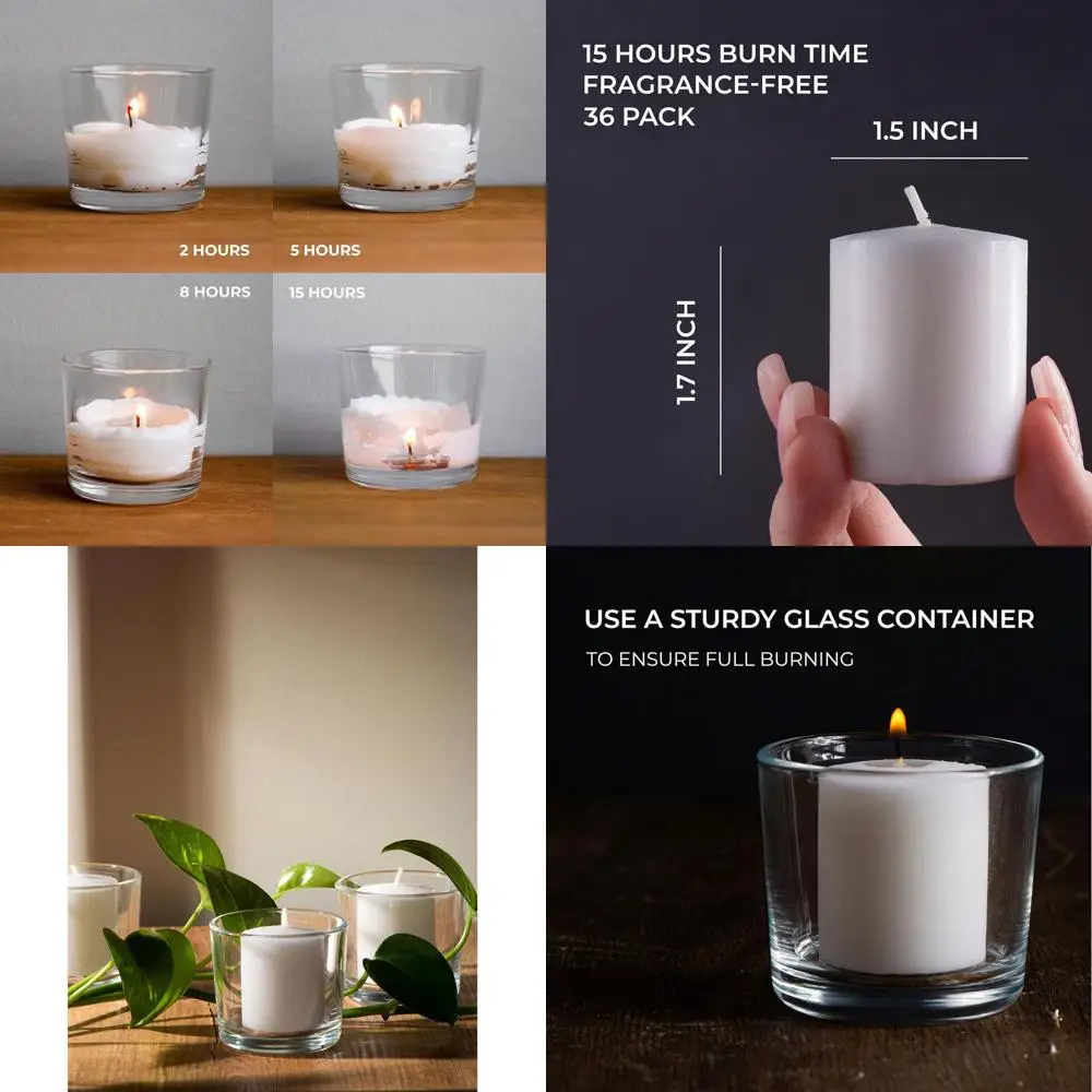 

Unscented White Votive Candles Set of 36 - Clean-Burning, Long-Lasting 15 Hour Burn - Ideal for Weddings, Home Décor, Spa, Event