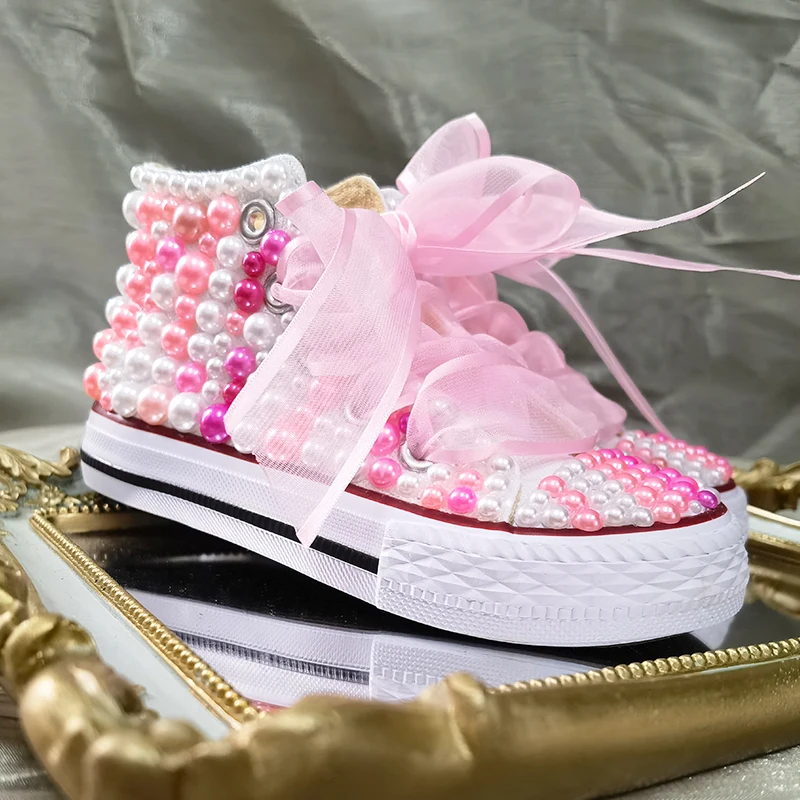 Rainbow Pearls Sneakers Birthday Party Kids Canvas Shoes Crown DIY For Girl Communion Customized Shoes Dollbling Handmade Bling