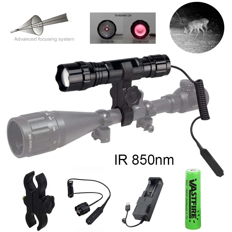 850NM Torch 5W Zoomable LED IR Infrared Vision Hunting Night Flashlight Tactical Flash light+Gun Mount+Switch+Charger+18650