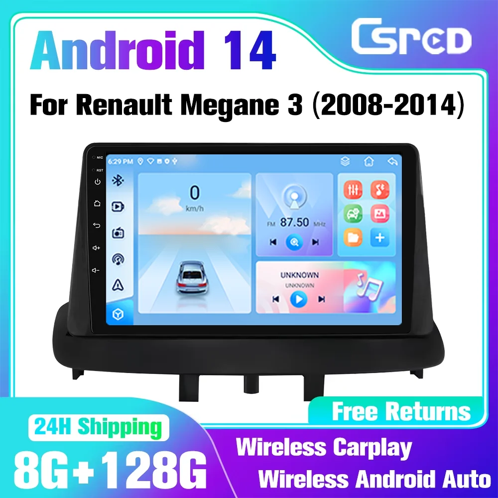 Csred 4G SIM Android 14 Auto Radio For Renault Megane 3 2008-2014 Car Multimedia Player GPS Navigation Head Unit Video Player