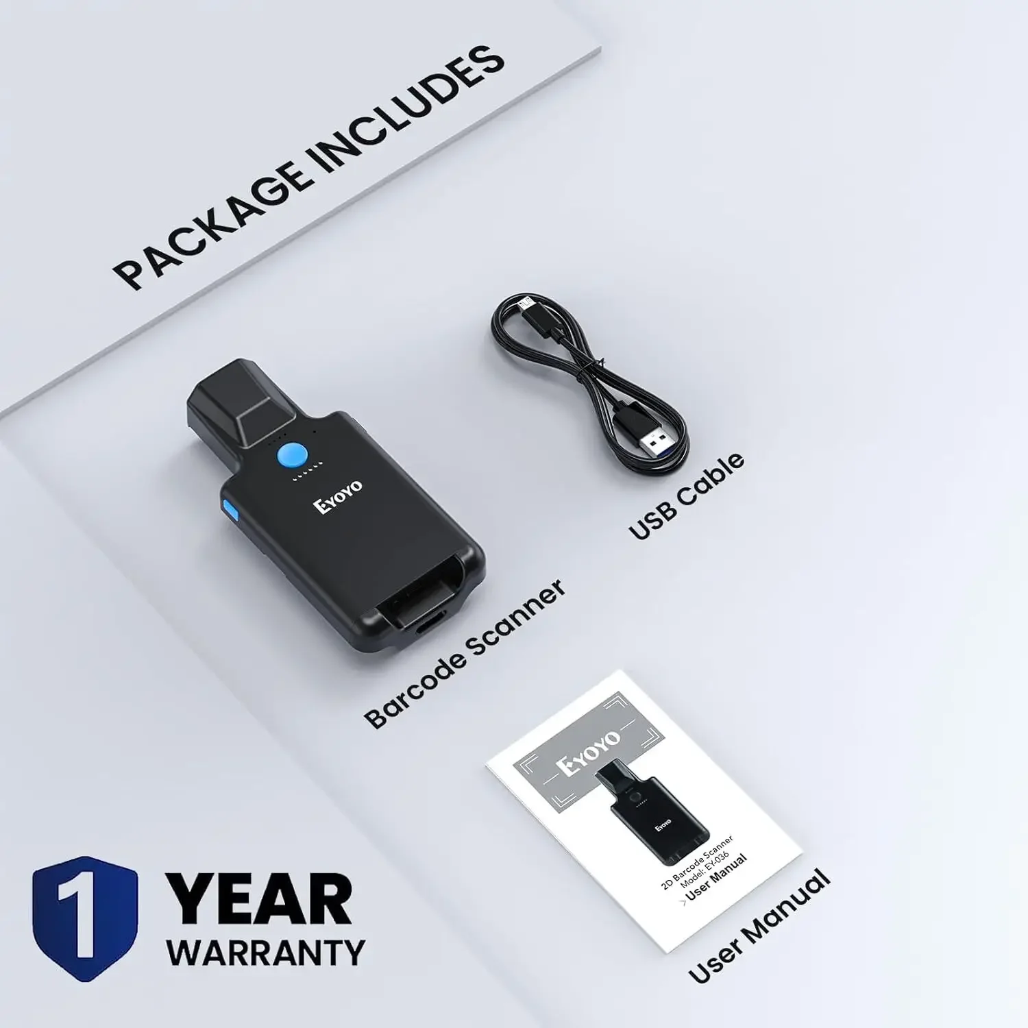 Eyoyo EY 036 plus 2D-Wireless-Barcode-Scanner, tragbarer 1D-QR-Codeleser, Bluetooth- und USB-Kabelverbindung für Laden, Lager