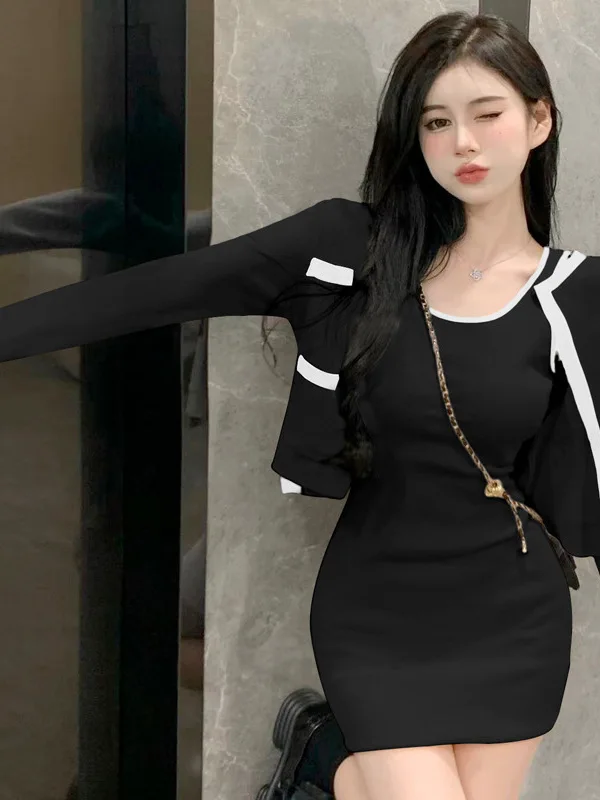 2023 Spring Autumn New Women\'s Sexy Temperament Knitted Cardigan Coat Slim Wrap Hip Tank Top Dress Fashion Two Piece Set WHH4