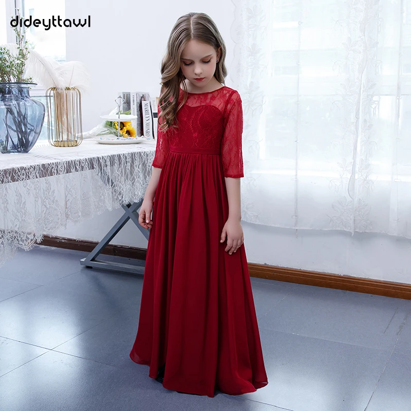 Robes de demoiselle d'honneur en mousseline de soie pour enfants, robe longue à demi-manches, coupe trapèze, dentelle, bordeaux, fête d'anniversaire, reconstitution historique, tout ce que vous voulez