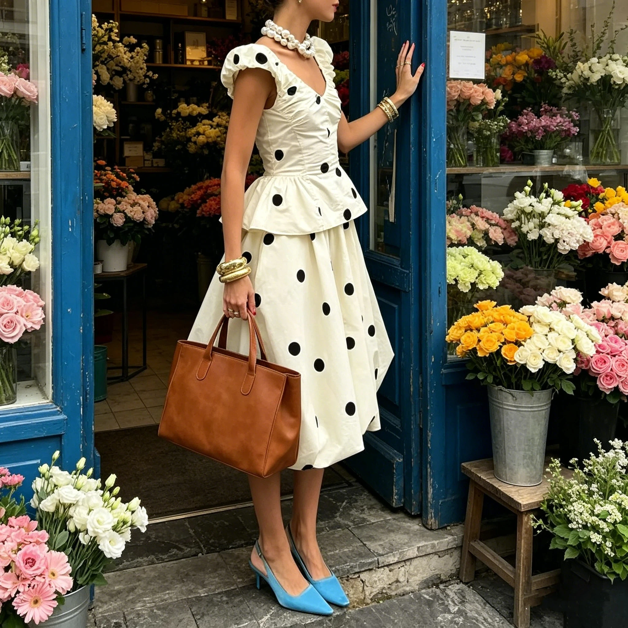 Elegant Sleeveless Polka Dot V Neck Top Waist Cinching A Line Skirt Set Summer 2026 New Women Loose Evening Party Gown