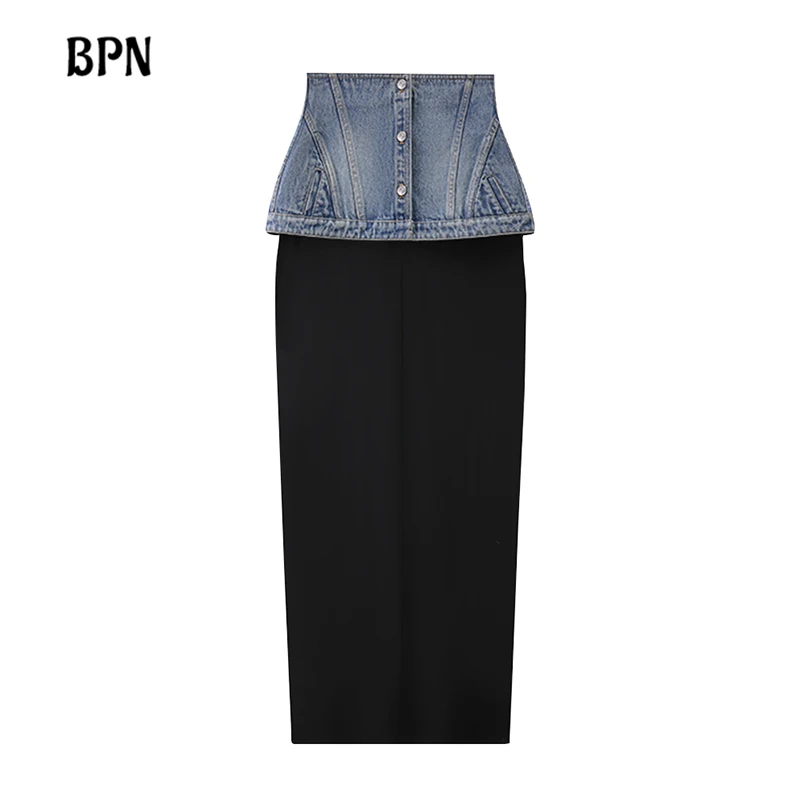 

BPN Colorblack Slimming Minimalist Long Skirts For Women High Waist Spliced Button Thigh Split Skirt Female Fashion Sttyle New