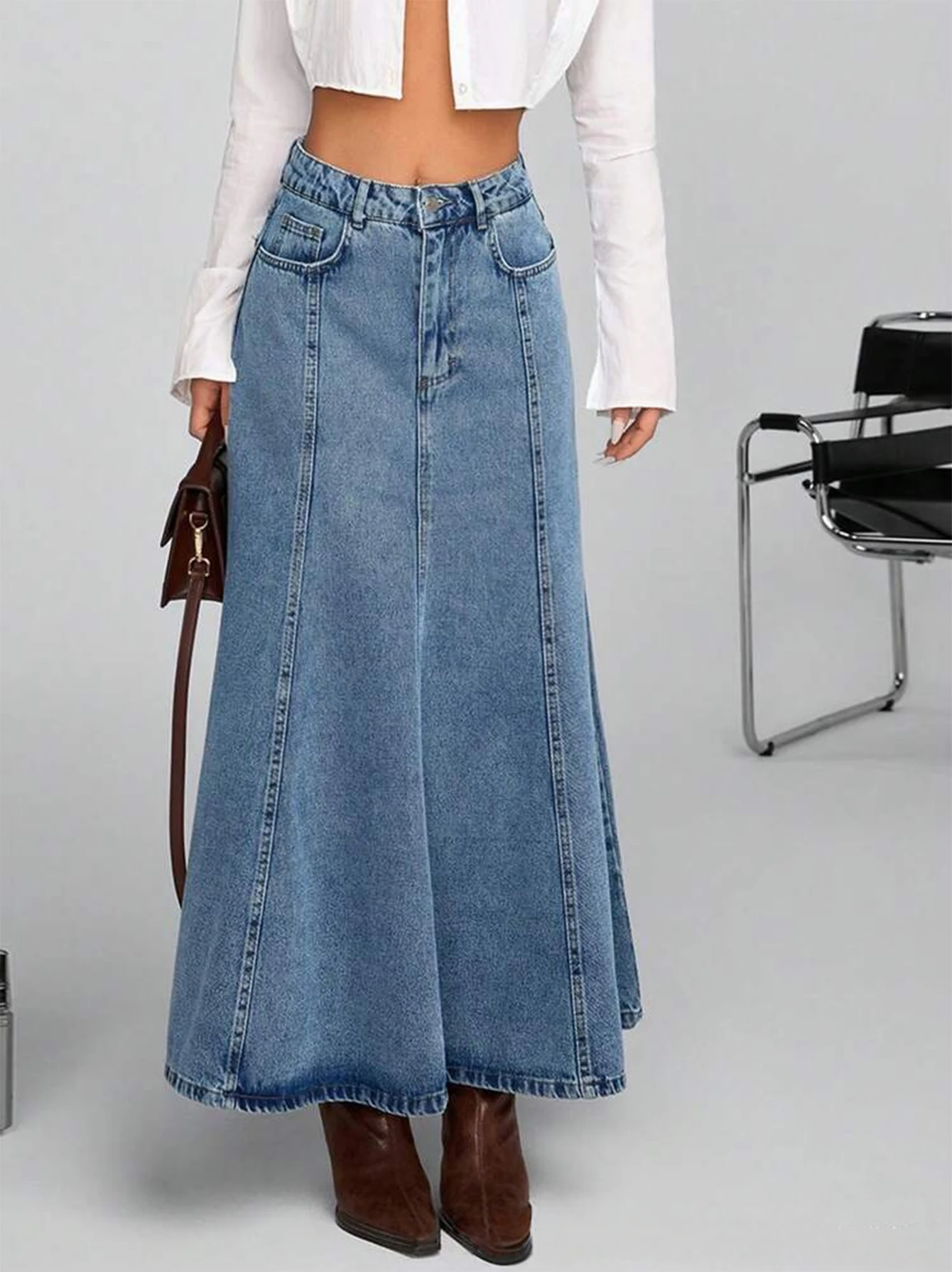 

Женская джинсовая длинная полуюбка, большая А-образная свободная плиссированная юбка, стильный и элегантный наклонный карман, ностальгический стираный бл.