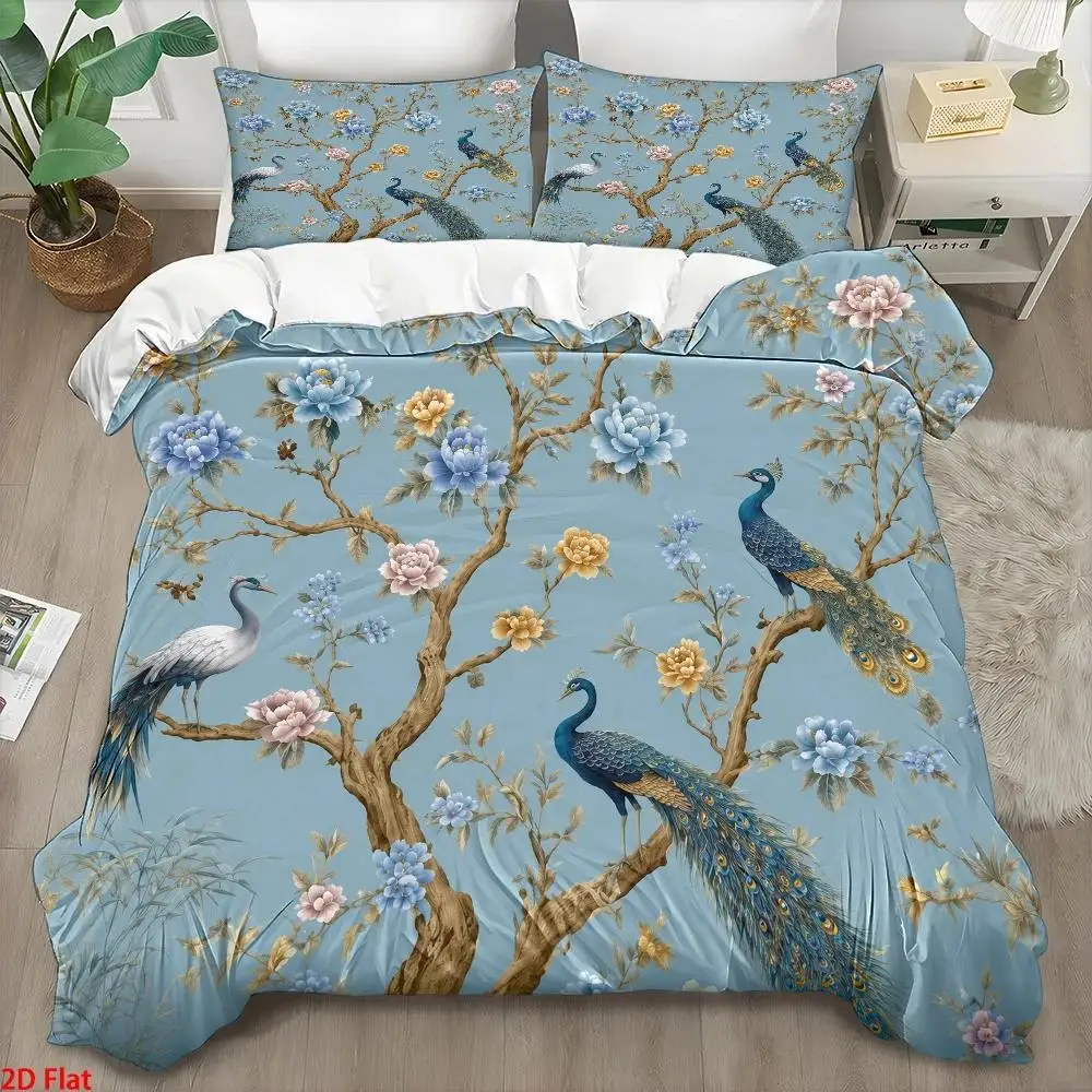 3Pc Peacock Floral Print Quilt Cover Set, Bedding Three-Piece Set (1*Quilt Cover + 2*Pillowcases), Quilted Duvet Cover, Personal Bedding, All-Season, Light Luxury Style, Skin-Friendly and Breathable, Easy to Clean and Durable, Anti-Wrinkle, Machine Washable, Invisible Zipper, Cozy Home Bedroom Decor, Suitable for Student Dormitory, Home Master Bedroom, Guest Room, Modern Minimalist Nordic Style, Soft and Comfortable Large Bedspread Set, Bedding Three-Piece Set 3P
