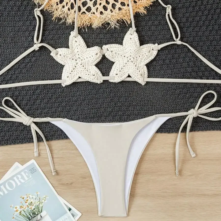 

Crochet Hollow Five-Pointed Star Bikini Set With Adjustable Straps For Women
