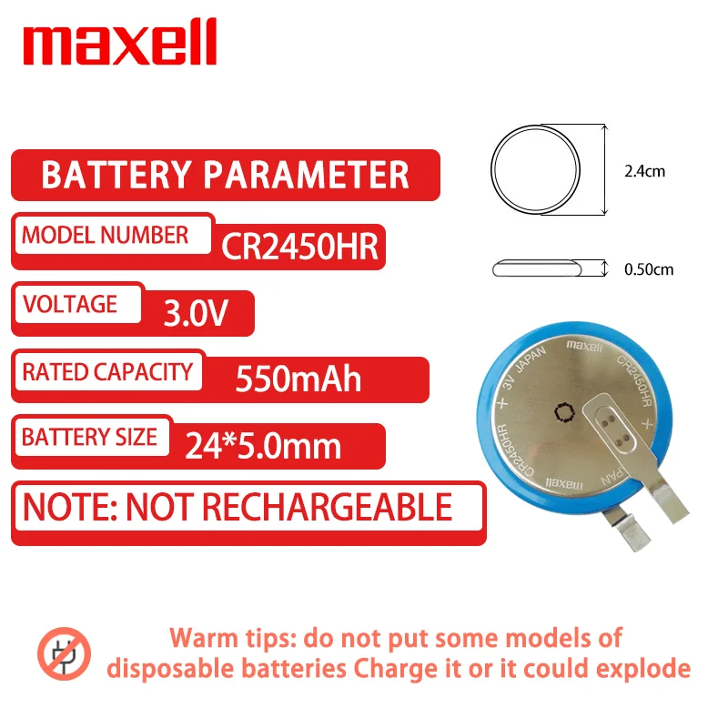 Maxell-リチウム電池CR2450時間,3V,24 50n,高温度,高圧モニタリングボタン付き,新品,オリジナル,1個