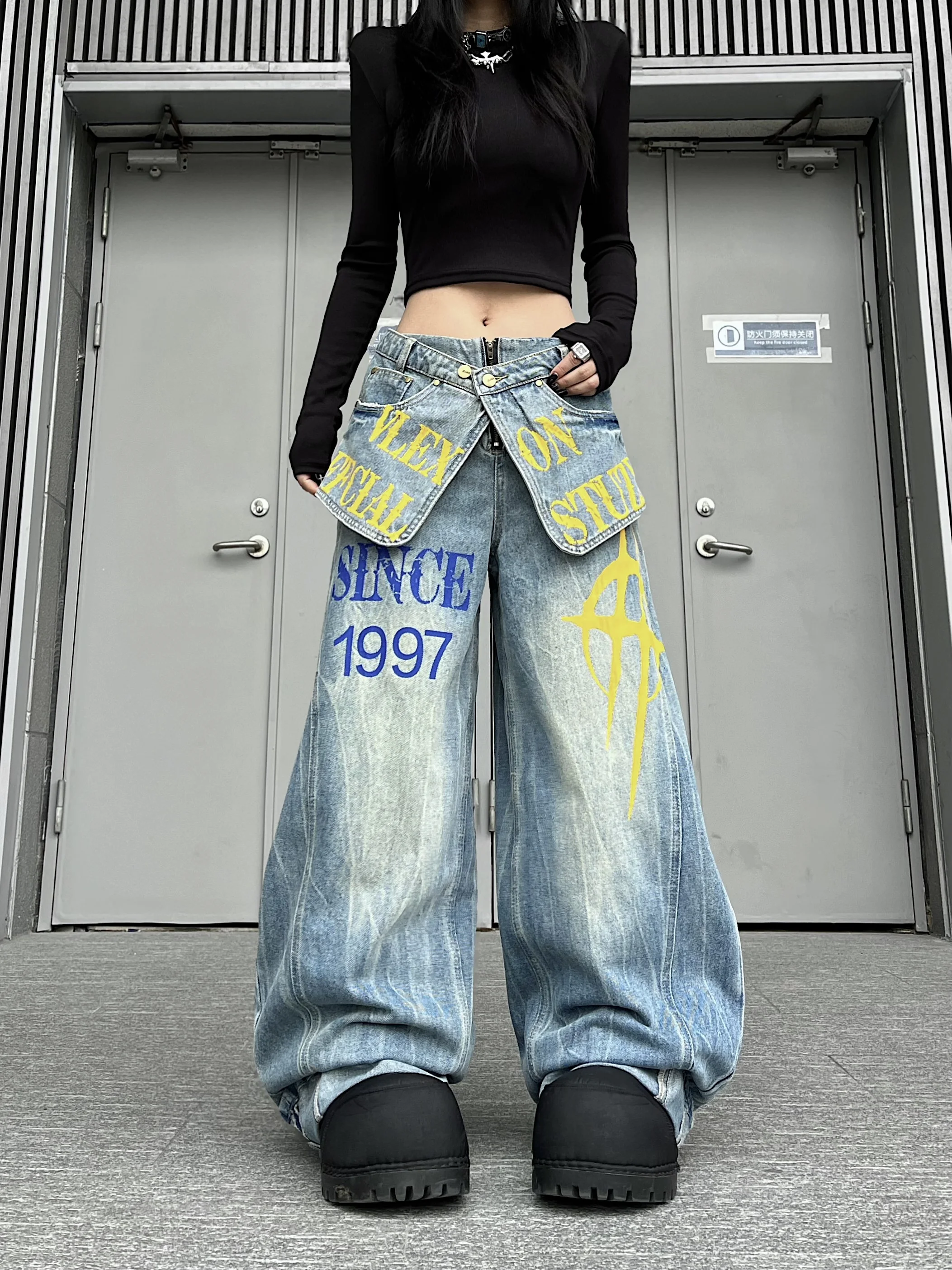 

Street Sle American Printed Loose Wide Leg Jeans Casual Comfortable Loose Fit Jeans Youth Neutral Printed Denim Pants