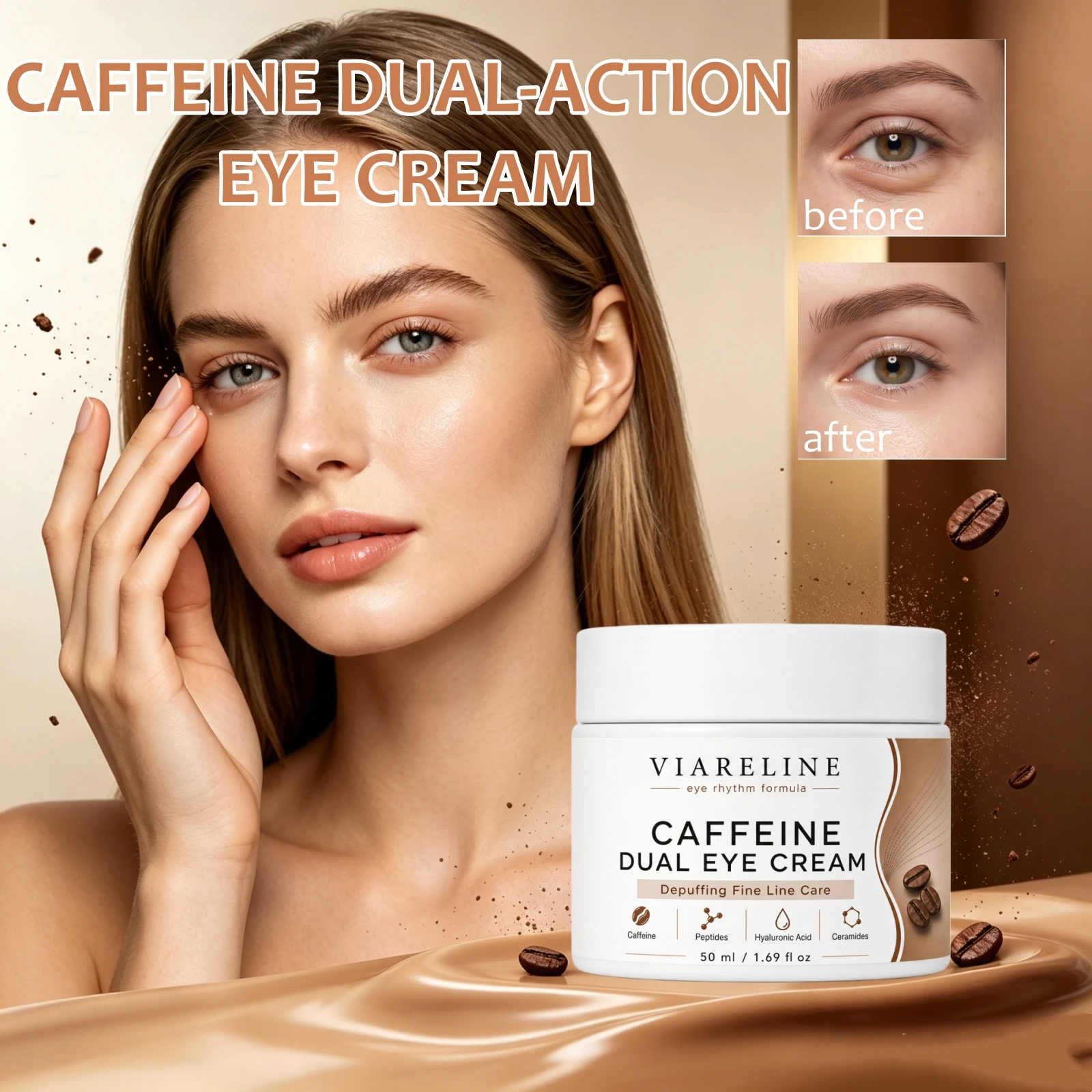 Caffeine Eye Cream Depuffing Peptide Hyaluronic Ceramide Wrinkles Repair Hydrating Care Dark Circles Bags Fine Lines Fade Cream
