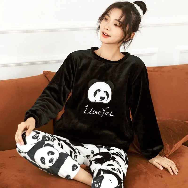 Winter Pajamas Set Casual Cartoon Full Sleepwear For Women Warm Thick Pyjama Women\'s Flannel Fashion Homewear Clothes Plus Size