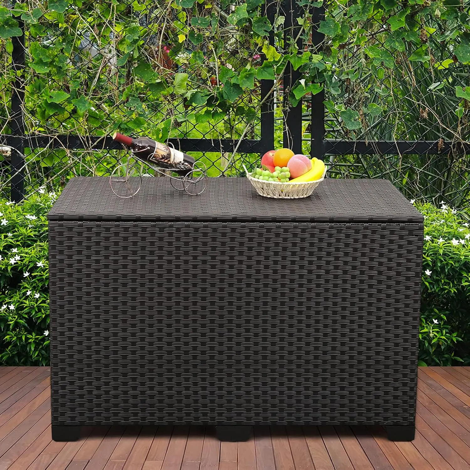 Outdoor Wicker Storage Box 150 Gallon Black Rattan Deck Bin with Lid Water-resistant Container for Patio Gardening Tools