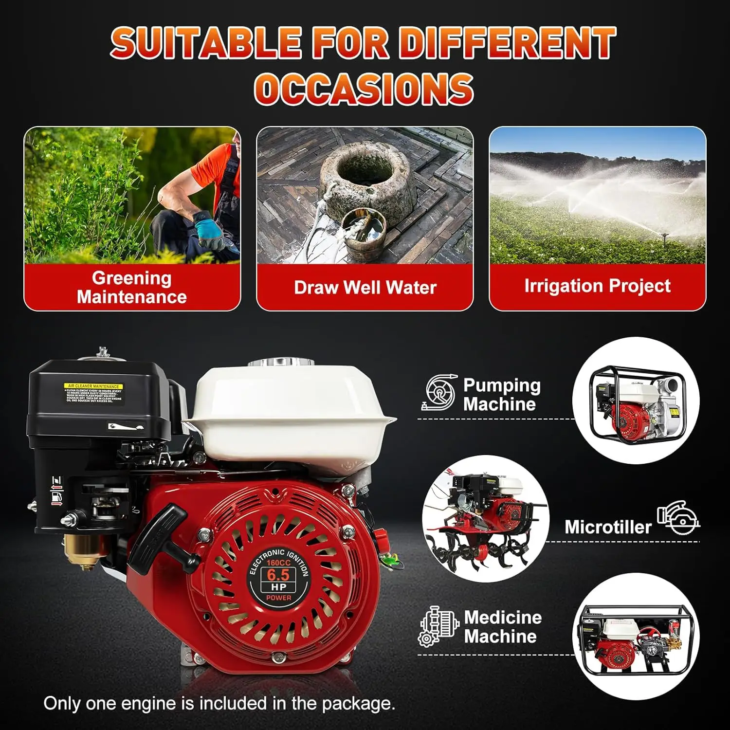 

4-тактный газовый двигатель GX160, двигатель 200CC, газовый двигатель мощностью 6,5 л.с., одноцилиндровый горизонтальный вал с охлаждением OHV, газовый двигатель с пусковым запуском