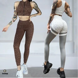 1/2PCS Zipper Leopard Print Sport Gym Yoga Sets Women Sport Bdra Scrunch Pants Fitness Leggings Suits Odzież treningowa dla kobiet