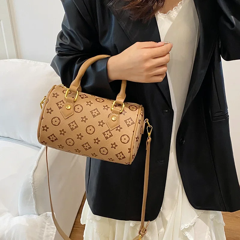 

2025 винтажная сумка Boston с принтом для женщин, дизайнерский кошелек на плечо, регулируемый ремень через плечо, рабочая сумка для поездок на работу