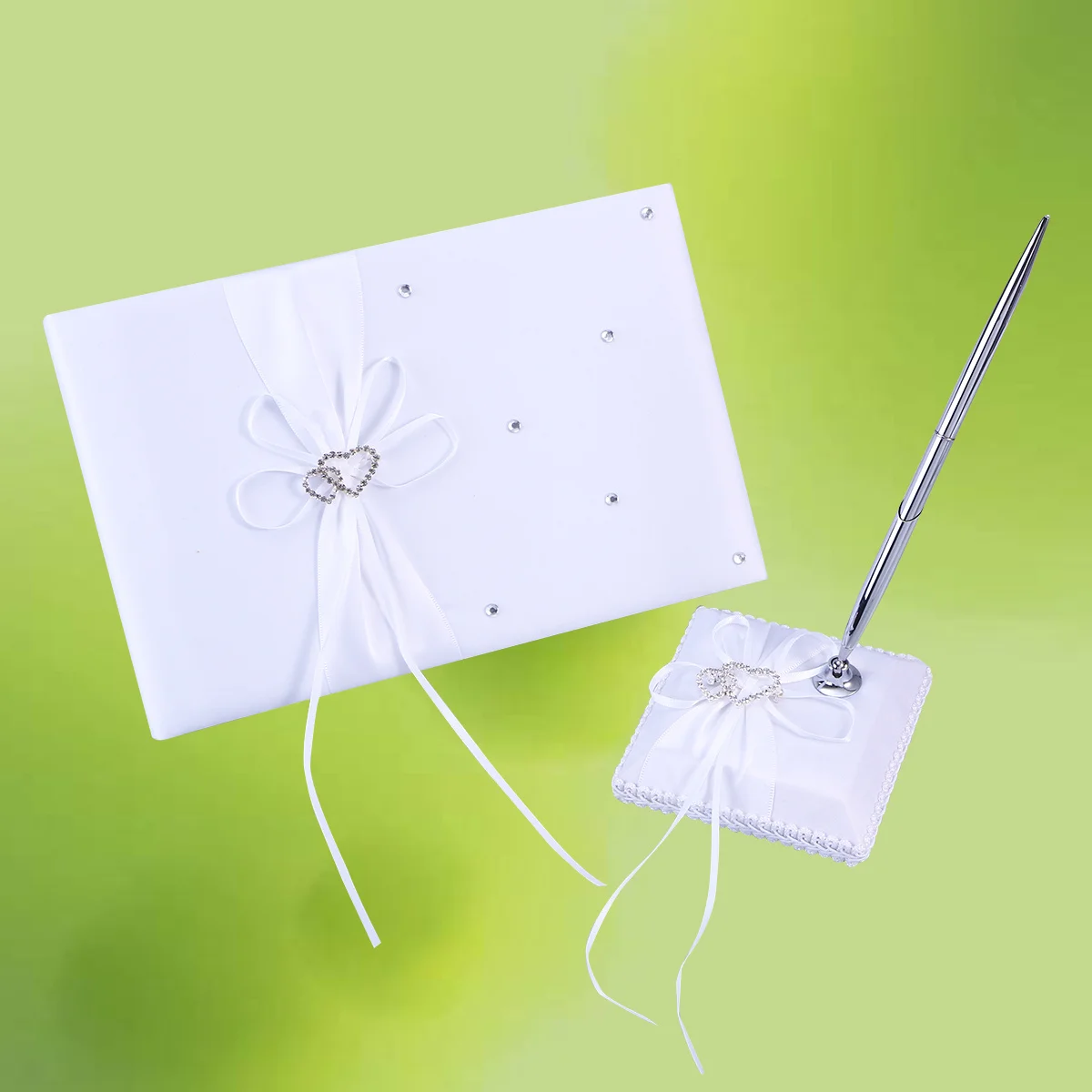 

Guest Attendance Book Pen Stand Signing Pen Set White Satin Bows Wedding Supplies Romantic Party Decoration Gift
